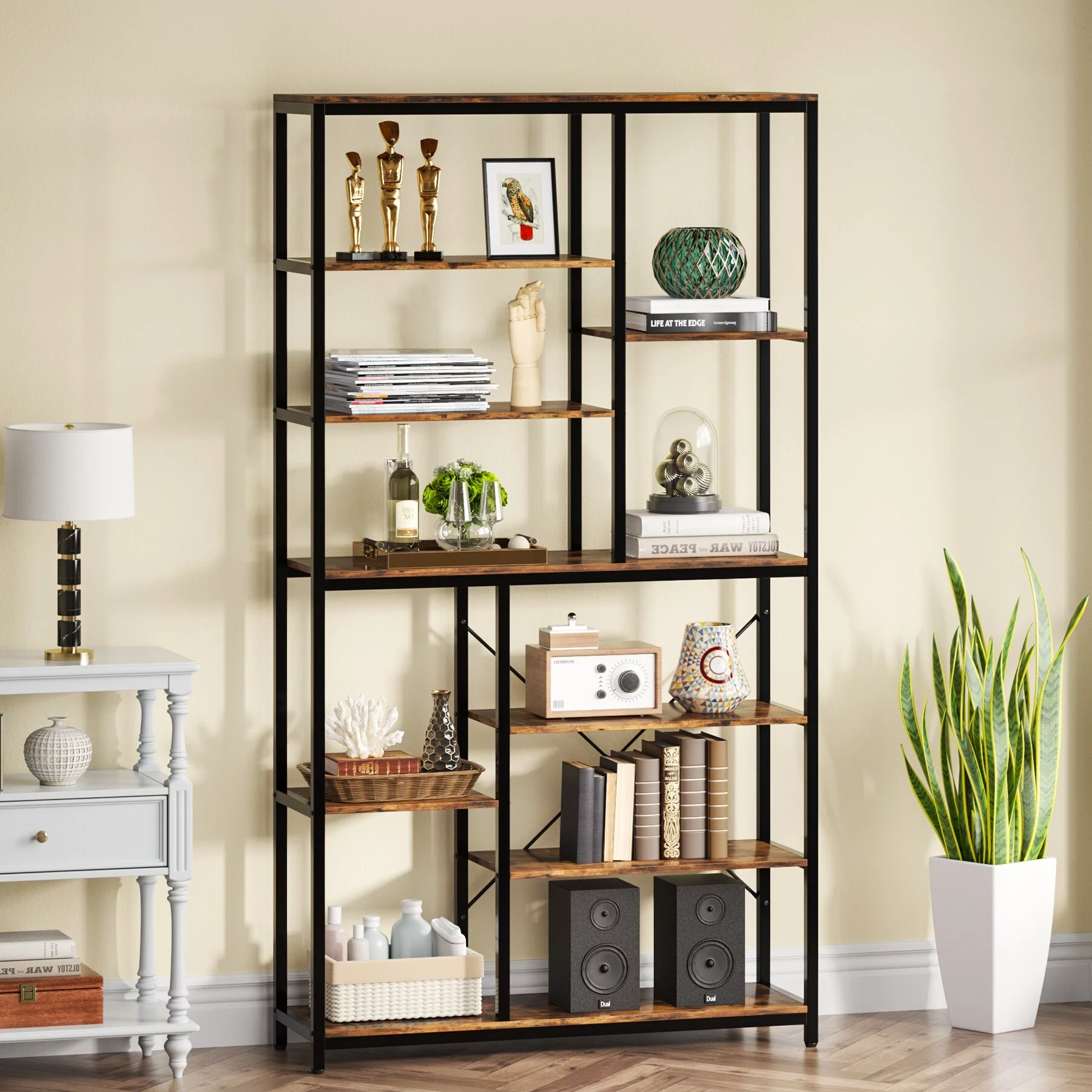 Industrial 8-Tier Large Bookshelf, Wood Etagere Bookcase, Book Shelving Units Storage Shelf, 79 Inches