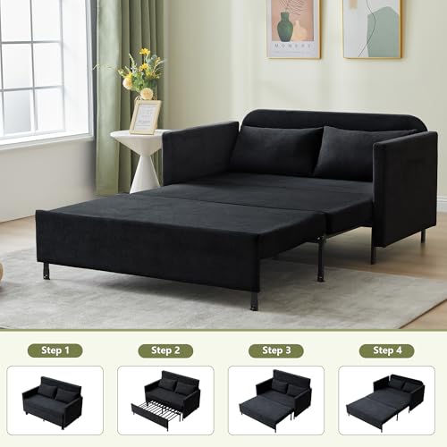 3-in-1 Sleeper Sofa Bed, 51'' Convertible Folding Couch with Pullout Bed, Chenille Futon Sleeper Sofa with Side Table and 2 Pillows