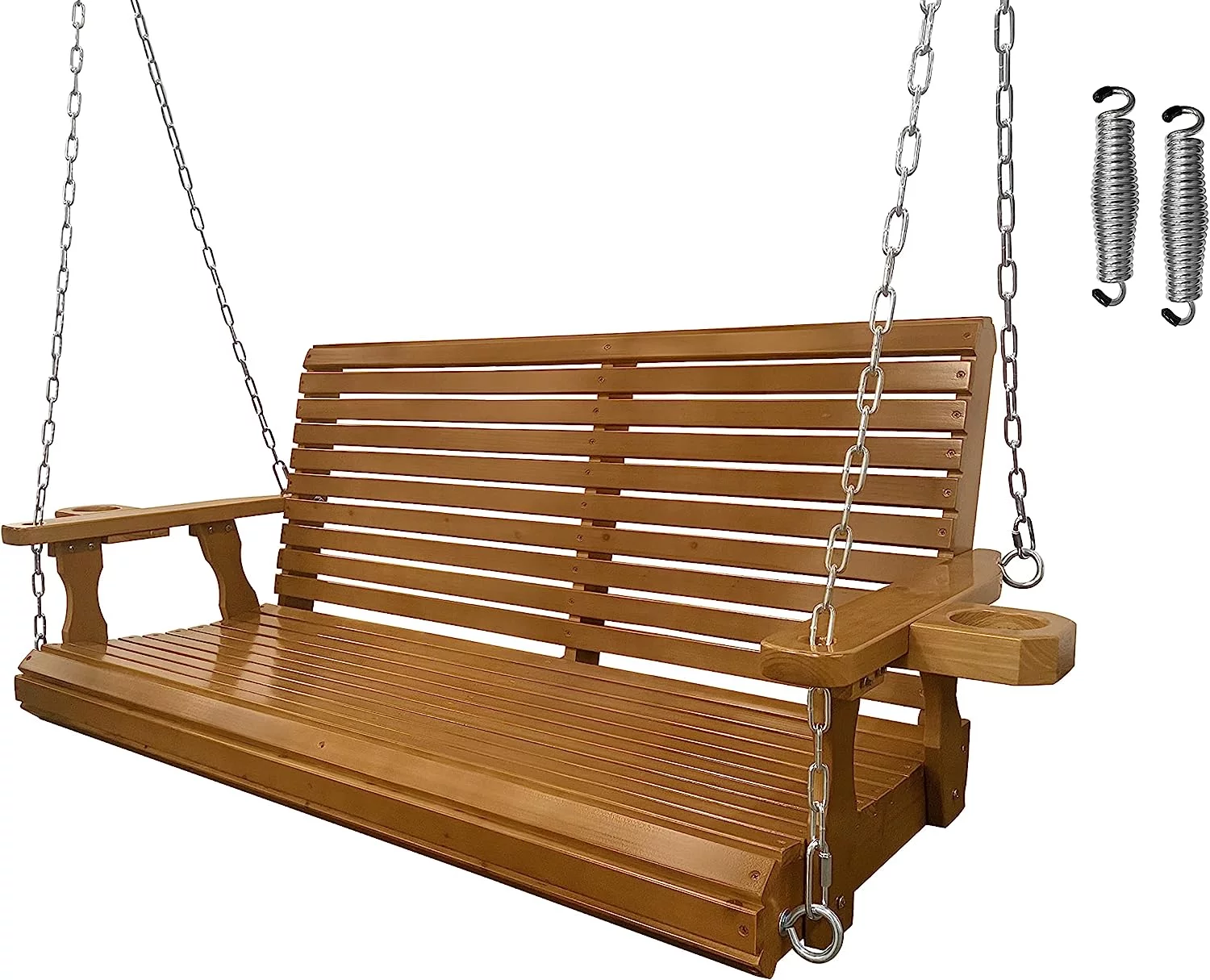 Patio Wooden Porch Swing 2 Seater with Cupholders, 800 lbs Bench Swing for Outdoors, 4.5 feet Brown