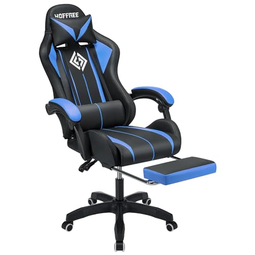 HOFFREE RGB Gaming Chair with Speakers Massage Computer Gaming Chair with LED Lights and Footrest High Back Video Game Chair for Adults Blue and Black