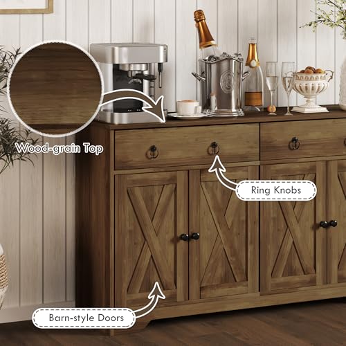 HOMCOM 48" Sideboard Buffet with Storage, Kitchen Storage Cabinet with 2 Drawers and 4 Barn Doors