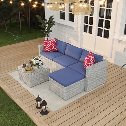 6 Piece Outdoor Patio Furniture Set with Coffee Table, Rattan Deck Conversation Sofa Set