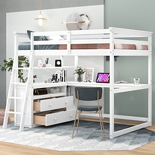 Harper & Bright Designs Twin Size Loft Bed with Wardrobe, Desk and Multiple Storage Shelves, Solid Wood Loft Bed Frame with Bookshelf