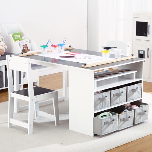 Kids Art Table and Chairs Set, Living and Learning Kids' Art Table and Stool Set with Large Storage Desk and Portable Art Supply Organizer