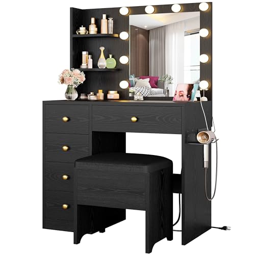 IRONCK Vanity Desk with Mirror and Lights, Small Makeup Vanity Table with 5 Drawers, Power Outlet, and Vanity Stool, 3 Lighting Colors