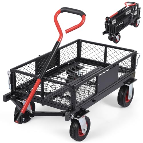880lbs Steel Garden Dump Cart, Heavy Duty Yard Dump Utility Wagon w Removable Mesh Sides, Utility Metal Wagon w 180° Rotating Handle