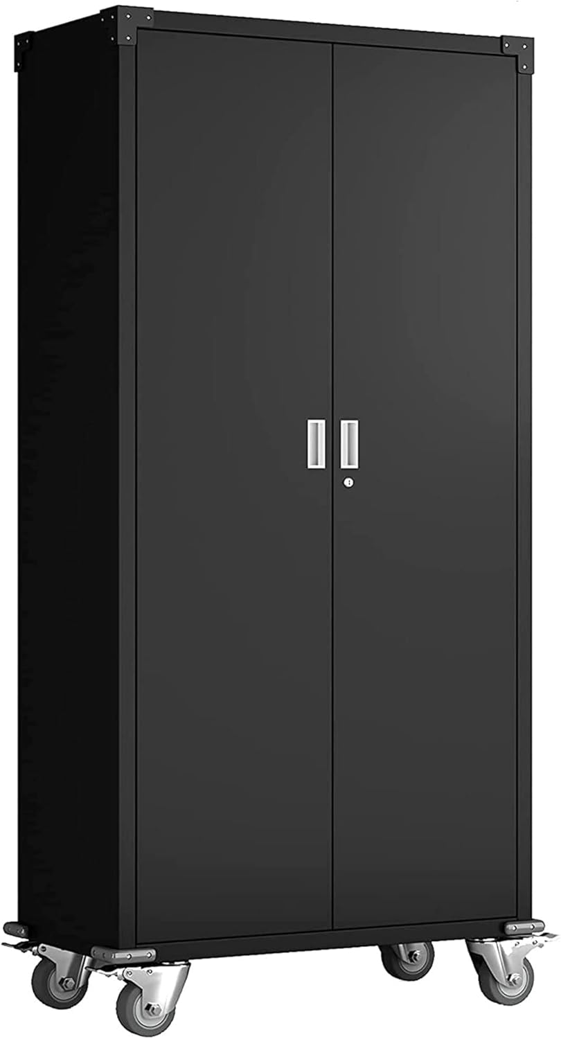 AOBABO Metal Storage Cabinet with Wheels,Steel Storage Shelving Cabinet, Lockable Cabinet for Home and Office, Metal Utility Cabinet for Garage