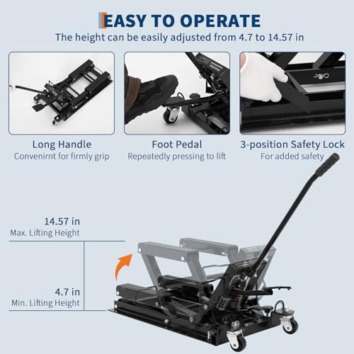 Hydraulic Motorcycle Lift Jack, GARVEE 1500 LBS Capacity Steel ATV Lift Stand Hoist with Wheels