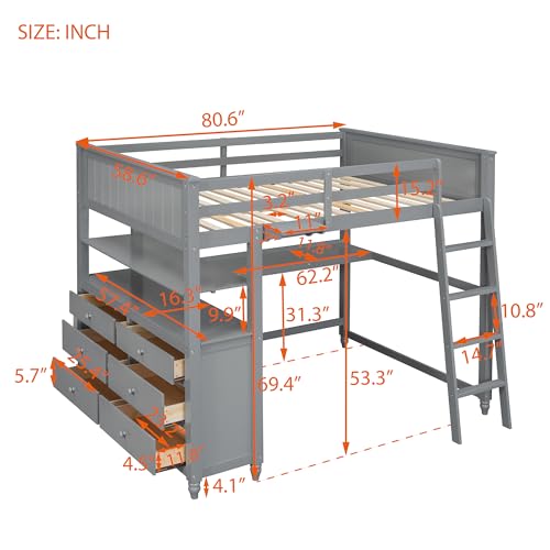 Harper & Bright Designs Full Loft Bed with Desk and Wardrobe,Solid Wood Loft Bed Frame Full with Storage Drawers for Kids Teens Adults