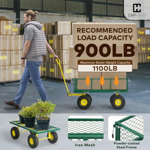 CAPHAUS Metal Black Garden Cart, w/ 180° Adjustable Yellow Handle, w/Mat and Strap, Heavy Duty 880 lbs Capacity, w/ 10” Flat-Free Tires