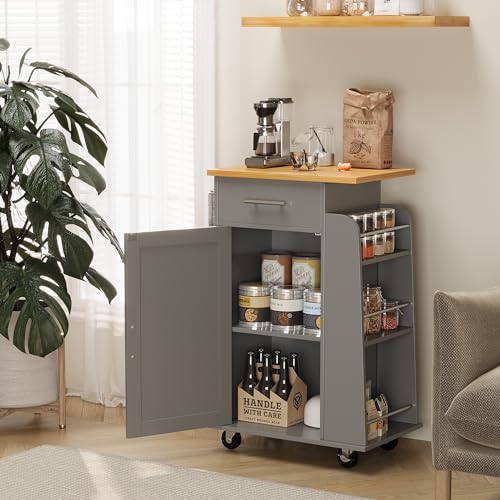 Shintenchi Rolling Kitchen Island Cart with Folding Drop Leaf Breakfast Bar, Portable Trolley Island with Large Storage Cabinet, Shelf and Drawer