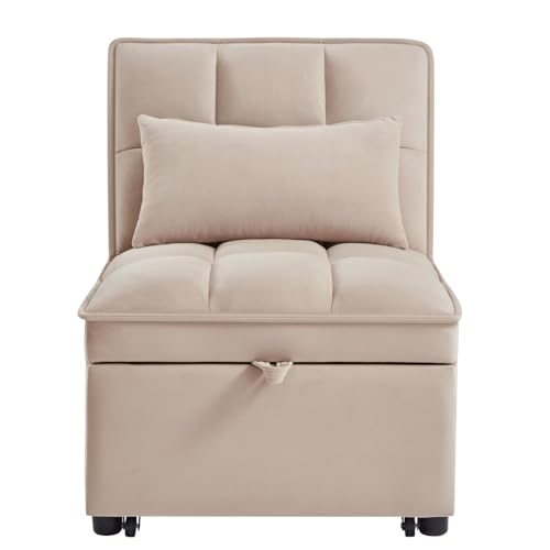 4 in 1 Pull Out Convertible Chair Bed with Adjustable Backrest and Storage Pockets, Modern Velvet Folding Single Sofa for Living Room, Small Space