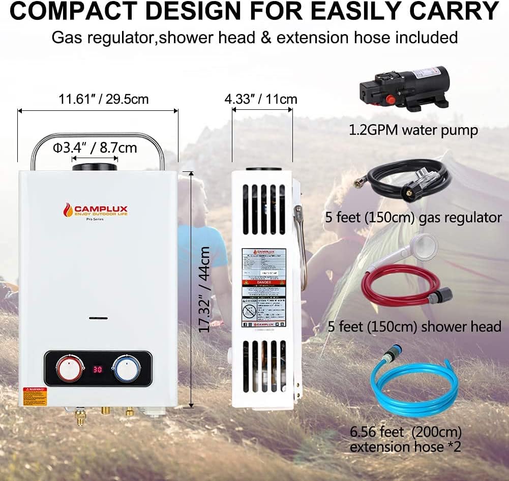 Camping Water Heater Portable, Camplux Outdooor Propane Gas Water Heater With 1.2 GPM Water Pump