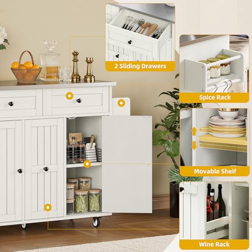 DWVO Kitchen Island on Wheels, Mobile Kitchen Island Cart with Folding Drop Leaf Breakfast Bar, Island Table for Kitchen with Large Storage Cabinets