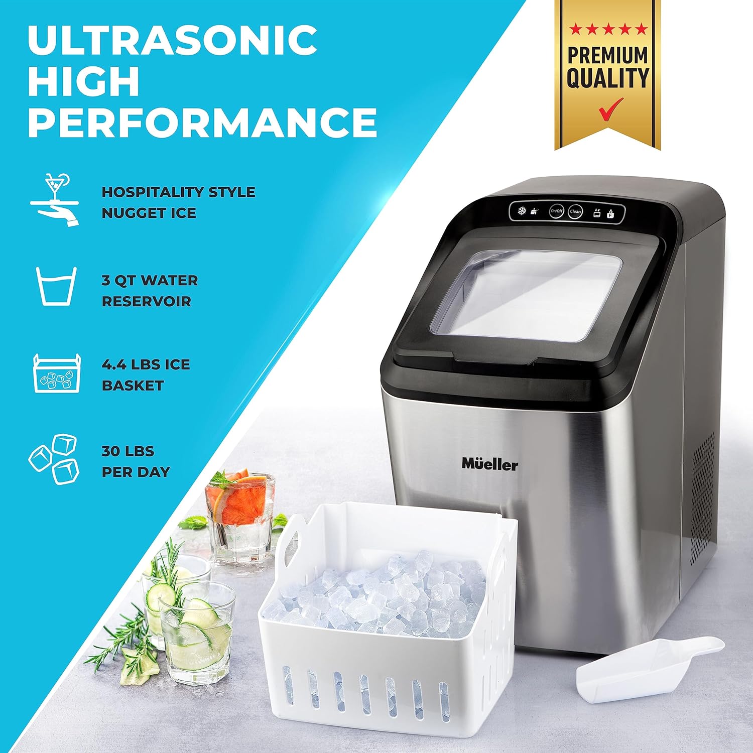 Mueller Countertop Nugget Ice Maker – Quiet, Heavy-Duty Ice Machine, 30 lbs Daily, 3 QT Tank, Compact & Portable, Includes Basket