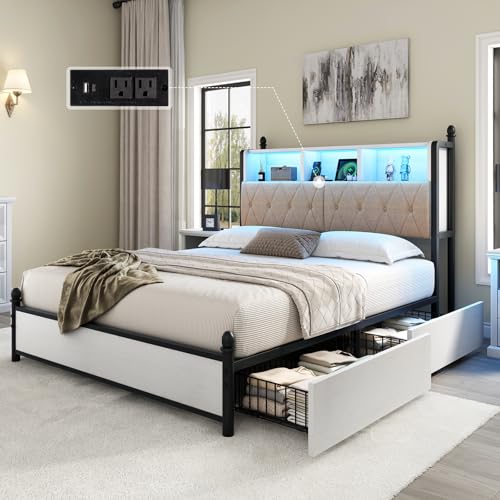 AMERLIFE Full Size Bed Frame with Bookcase Headboard, 4 Storage Drawers, Wooden Platform Bed with Charging Station & LED Light, No Box Spring Needed