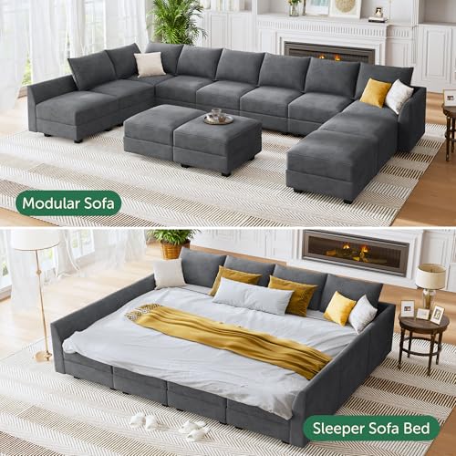 HONBAY Modular Sofa Sectional Sleeper Couch with Ottomans Reversible Sleeper Sectional Sofa Modular Couch with Storage, Aqua Blue