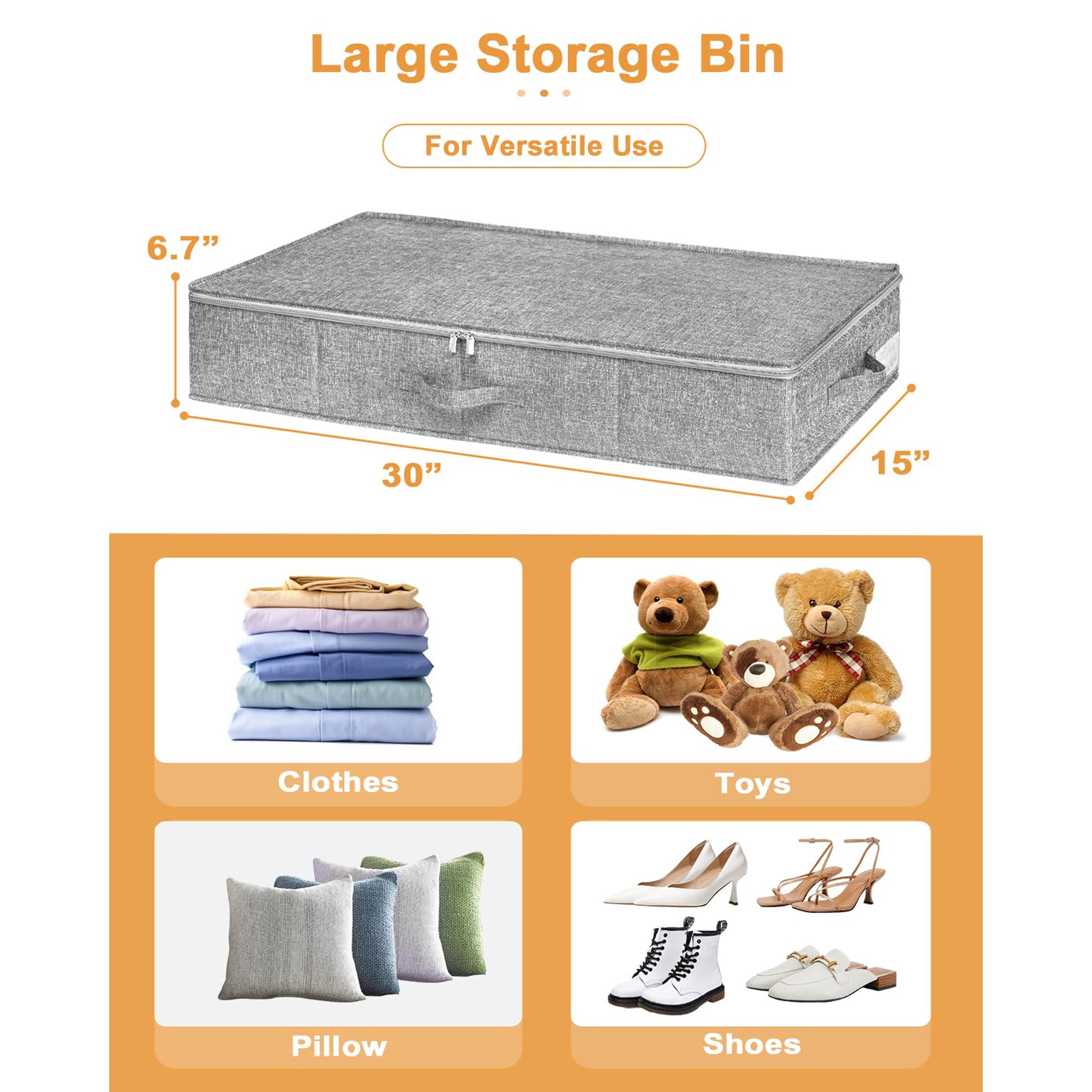 Space Saving Under Bed Storage 2 Pack, Ultra Thick Fabric Organizer Bins with Lid, Ideal for Blankets Shoes Seasonal Items, gray 30x15x6.7 Inch
