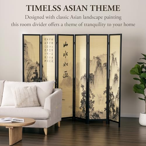 MyGift 4-Panel Folding Bamboo Room Divider Asian-Inspired Cherry Blossom Scene