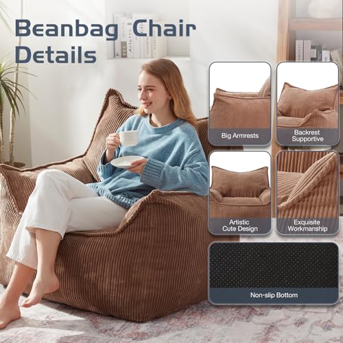 Giant Bean Bag Chair Sofa for Adults Teens, Comfy Corduroy Large Bean Bag Chairs with Armrests for Bedroom Living Room