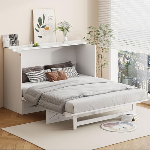 Harper & Bright Designs Full Size Murphy Bed Wall Bed, Solid Pine Murphy Bed Chest Cube Cabinet Bed with USB
