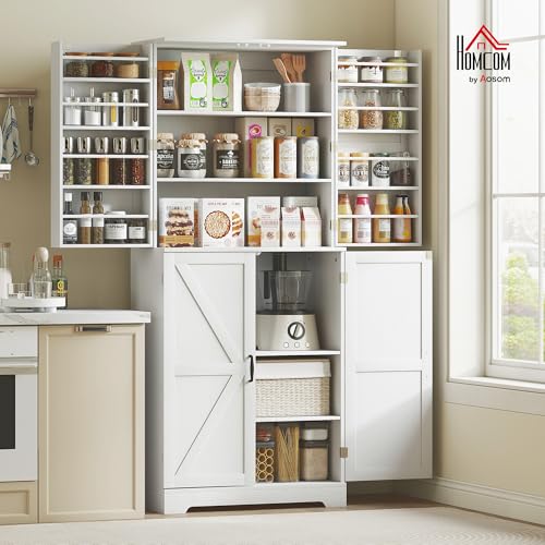 HOMCOM 72" Farmhouse Kitchen Pantry Cabinet, Freestanding Tall Storage Cabinet with 4 Barn Doors, 4 Adjustable Shelves and 8 Door Shelves