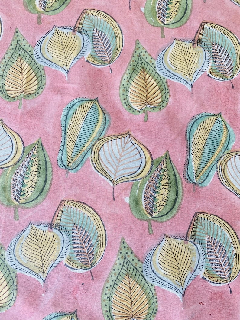 Salmon Pink Indian Hand Block Leaves Printed Cotton Tablecloth, Table Cover, Housewarming Home Wedding Events Party Picnic Restaurant Gifts
