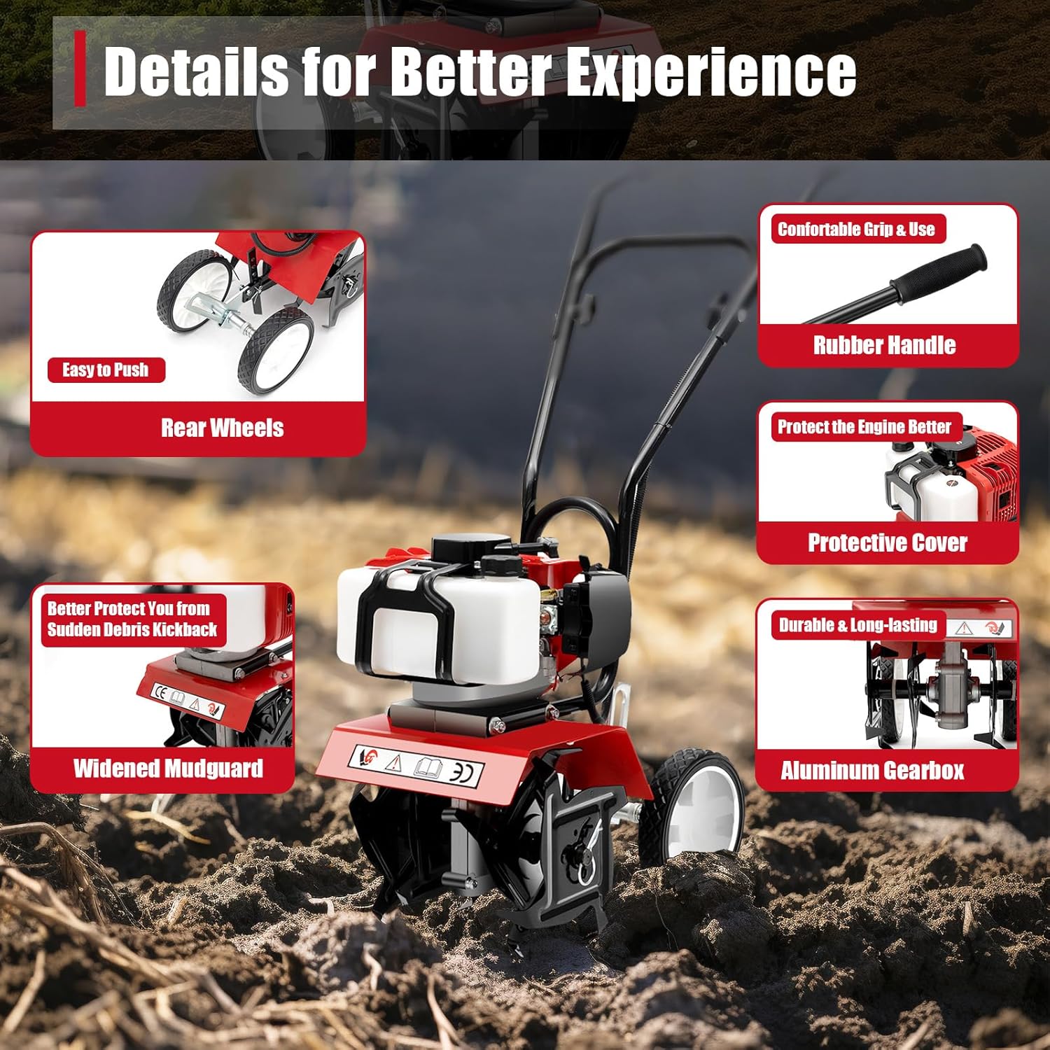 Mini Tiller Cultivator, Powerful 52cc Two-stroke Single-cylinder Gasoline Engine, Gear Drive Transmission, Height Adjustable Wheels, for Gardening