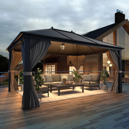 EROMMY 12'x20' Hardtop Gazebo Double Roof Galvanized Steel Canopy Outdoor Aluminum Frame Permanent Metal Pavilion with Netting and Curtains for Patio