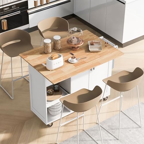 55.7'' Large Kitchen Island with 2 Drop Leaf, Rolling Kitchen Cart on 5 Wheels with Power Outlet