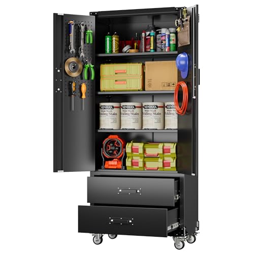 Aobabo 71" H×32" W×16" D Metal Storage Cabinet with Wheels, Garage Steel Storage Cabinet with 5 Adjustable Shelves and 4 Hooks for Home Office