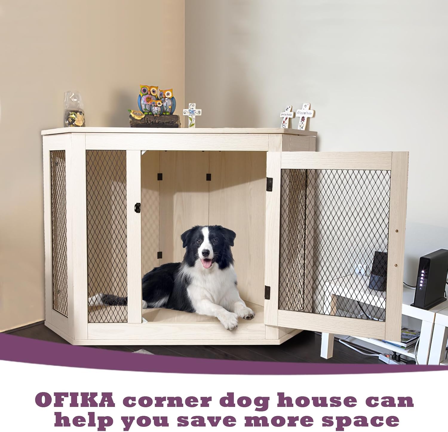 OFIKA Corner Dog Crate Furniture, Wooden Corner Dog Kennel Side End Table with Metal Mesh