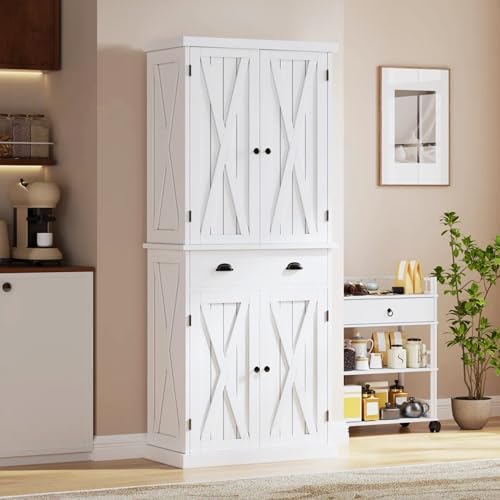 YITAHOME 72'' Tall Kitchen Pantry Cabinets, Farmhouse Storage Cabinets with Barn Doors, Drawer ＆ Adjustable Shelves