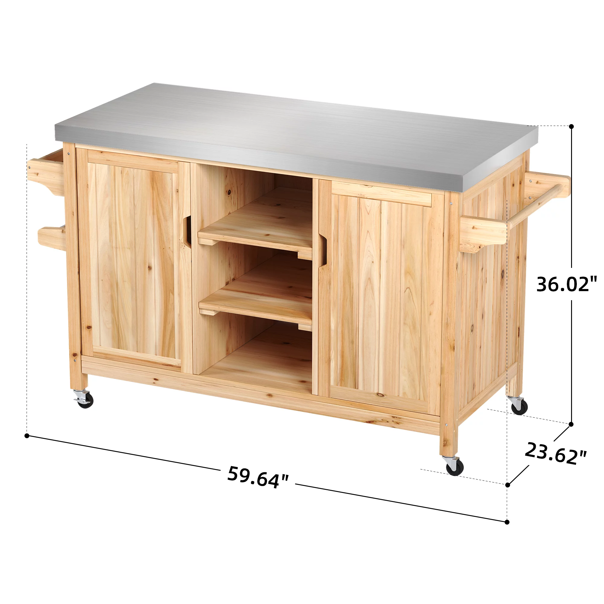 DWVO Outdoor Table and Storage Cabinet Solid Wood Movable Grill Table with Stainless Steel Top for Outside Patio Kitchen Island or Bar Cart