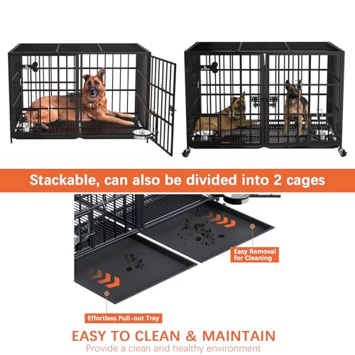 aboxoo 42/48 inch Heavy Duty Metal Dog Crate for 2 Dogs/Large Dog,All Metal Open Top,Dog Kennel Indoor with Wheels,Floor Grid, Tray