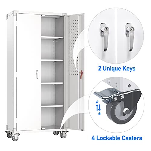 Garage Storage Cabinet with Wheels & Pegboard, 72" H Locking Metal Storage Cabinet with Doors and 4 Adjustable Shelves for Garage Workshop Home