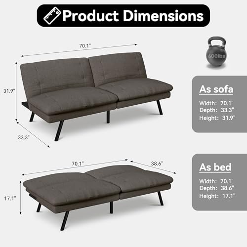 Faux Leather Futon Sofa Bed,Convertible Futon Couch,Memory Foam Loveseat Sleeper Sofa,Small Splitback Modern Folding Couch for Living Room,Office