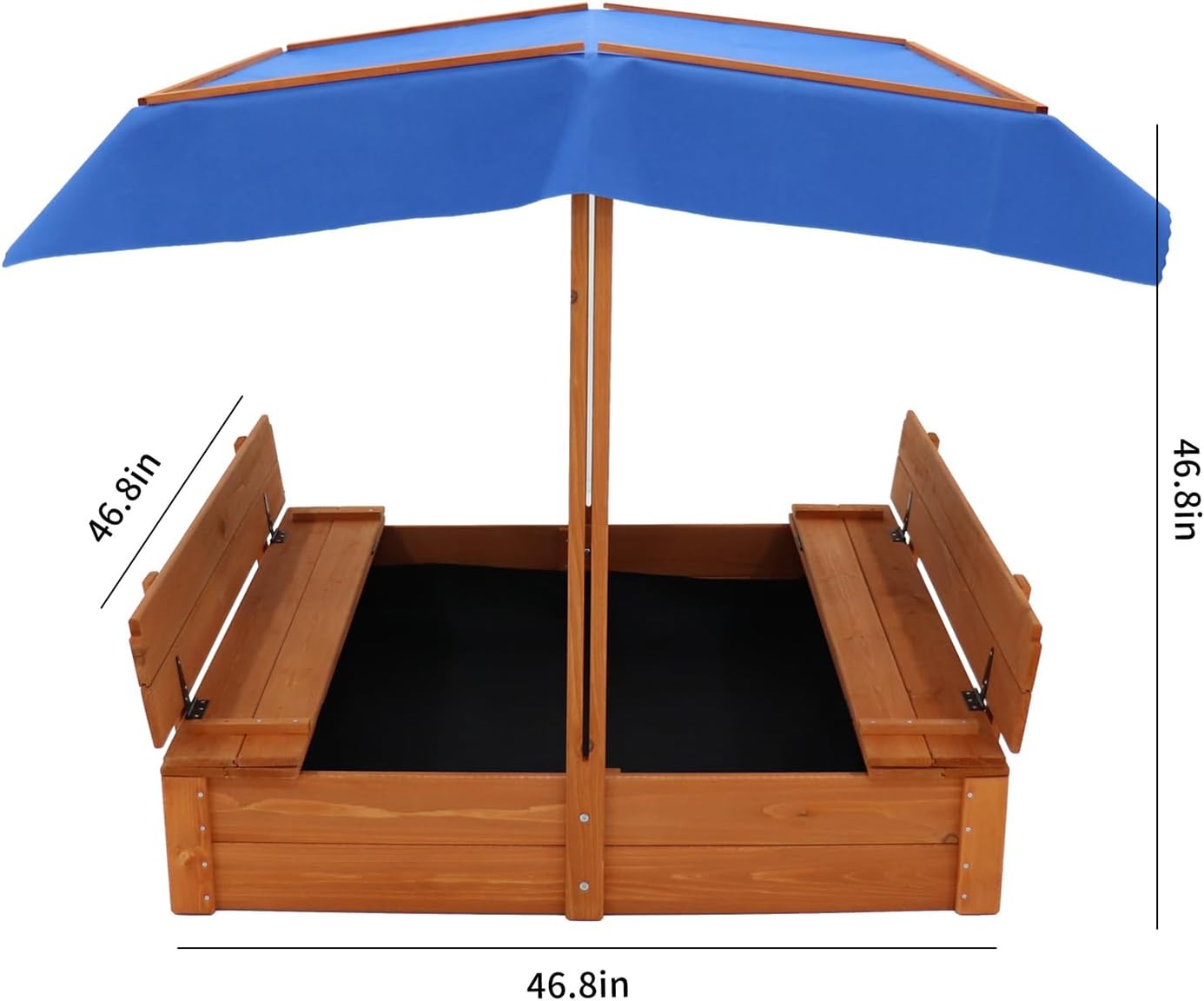 Wooden Cedar Sand Box, Large Kids Sand Boxes with Adjustable Canopy, 2 Foldable Bench Seats, Sand Protection, Bottom Liner