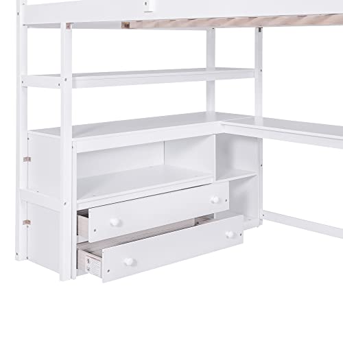 Twin Loft Bed with Staircase, Desk and Wardrobe, Wood Loft Bed with Storage Shelves and Safety Guardrail