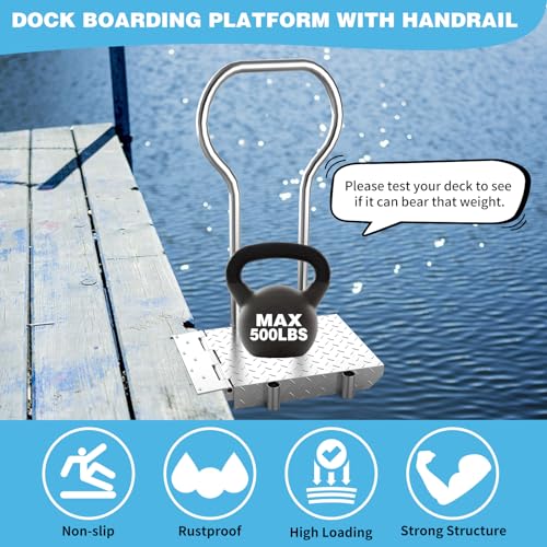 Boat Boarding Platform with Handrail, Foldable Dock Boarding Platform with Handle(500LBs Capacity,Silver)