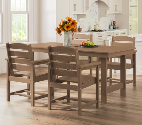 SERWALL Outdoor HDPE Dining Table Set, 7-Piece Outdoor Dining Table Sets with Umbrella Hole Cut-Out Table and 6 Chairs, Gray