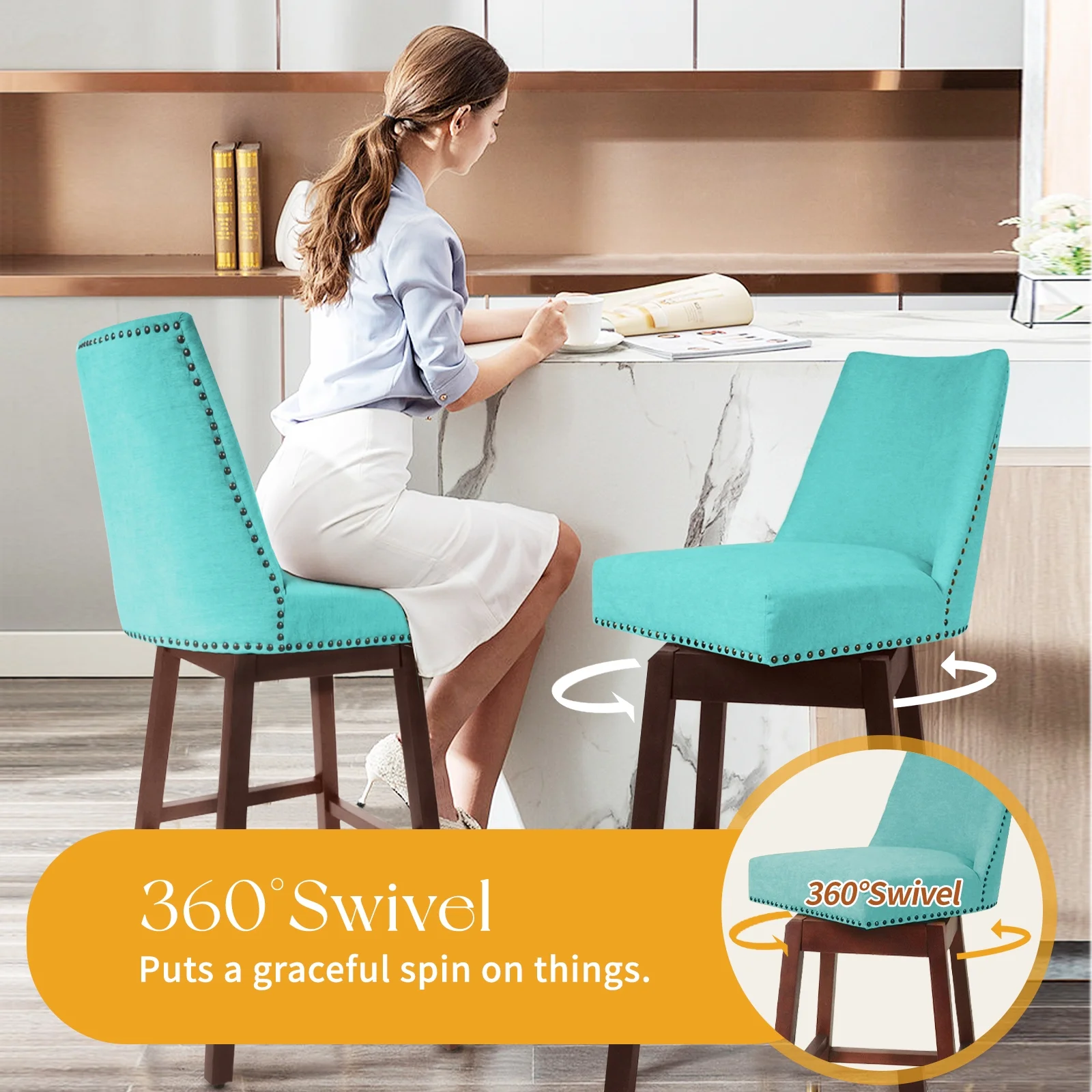SERWALL Swivel Counter Height Bar Stools Set of 2, Morden Upholstered Dining Barstools with Back for Kitchen, Tiffany