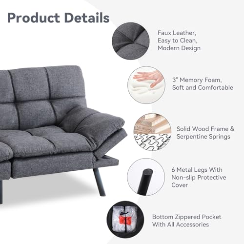 Faux Leather Futon Sofa Bed,Convertible Futon Couch,Memory Foam Loveseat Sleeper Sofa,Small Splitback Modern Folding Couch for Living Room,Office
