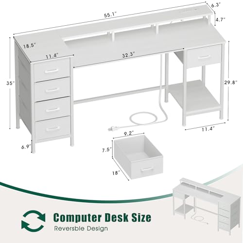47 Inch Computer Gaming Desk with Power Outlets LED Lights Reversible Home Office with Adjustable Fabric Storage Drawers for Working Writing Study