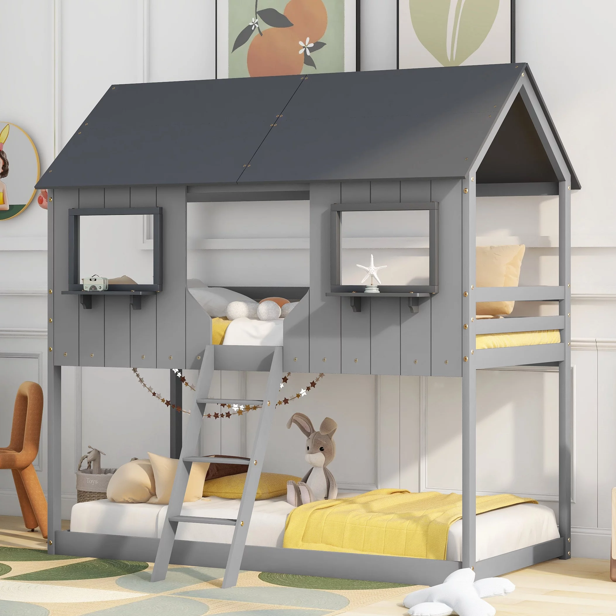 Bellemave Kids Bunk Bed Twin Over Twin, Wooden House Bunk Bed with Roof and Windows, Floor Bunk Beds for Kids Teens Girls Boys