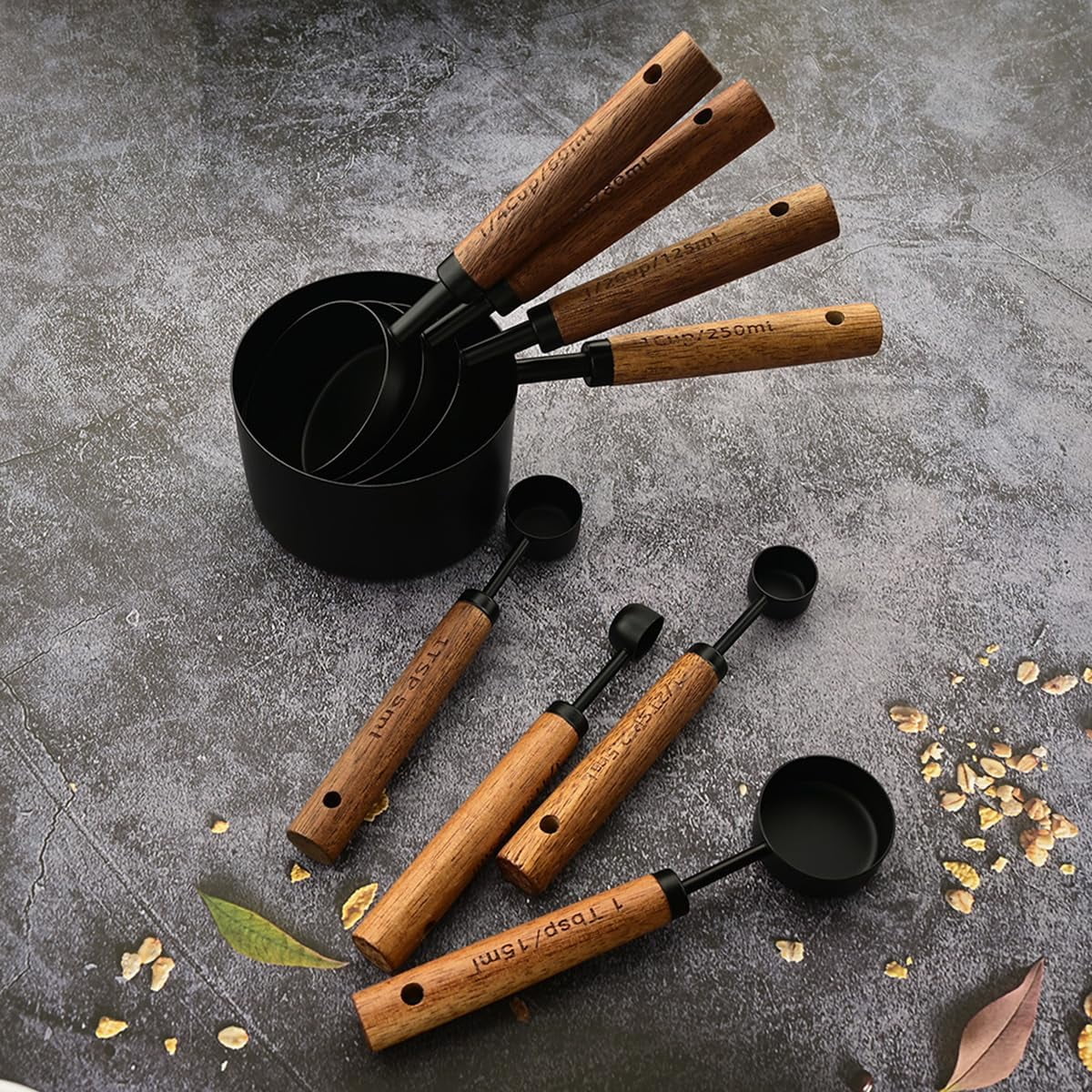 8 pieces Golden Measuring Cups Set and Measuring Spoons Set with Scale, Wooden Handle Stainless Steel Dry &amp
