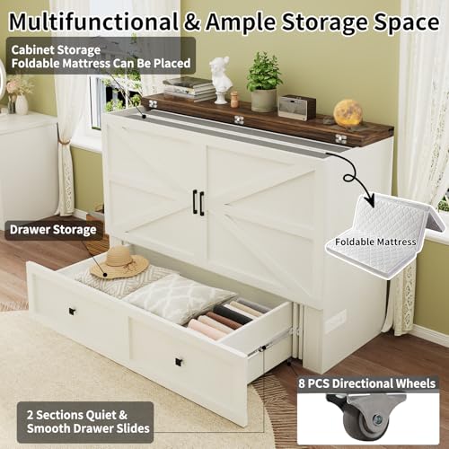 Queen Size Murphy Bed with Charging Station, Cabinet Bed with Large Storage Drawer for Home Office or Small Room, Hideaway Full Foldable Platform Bed