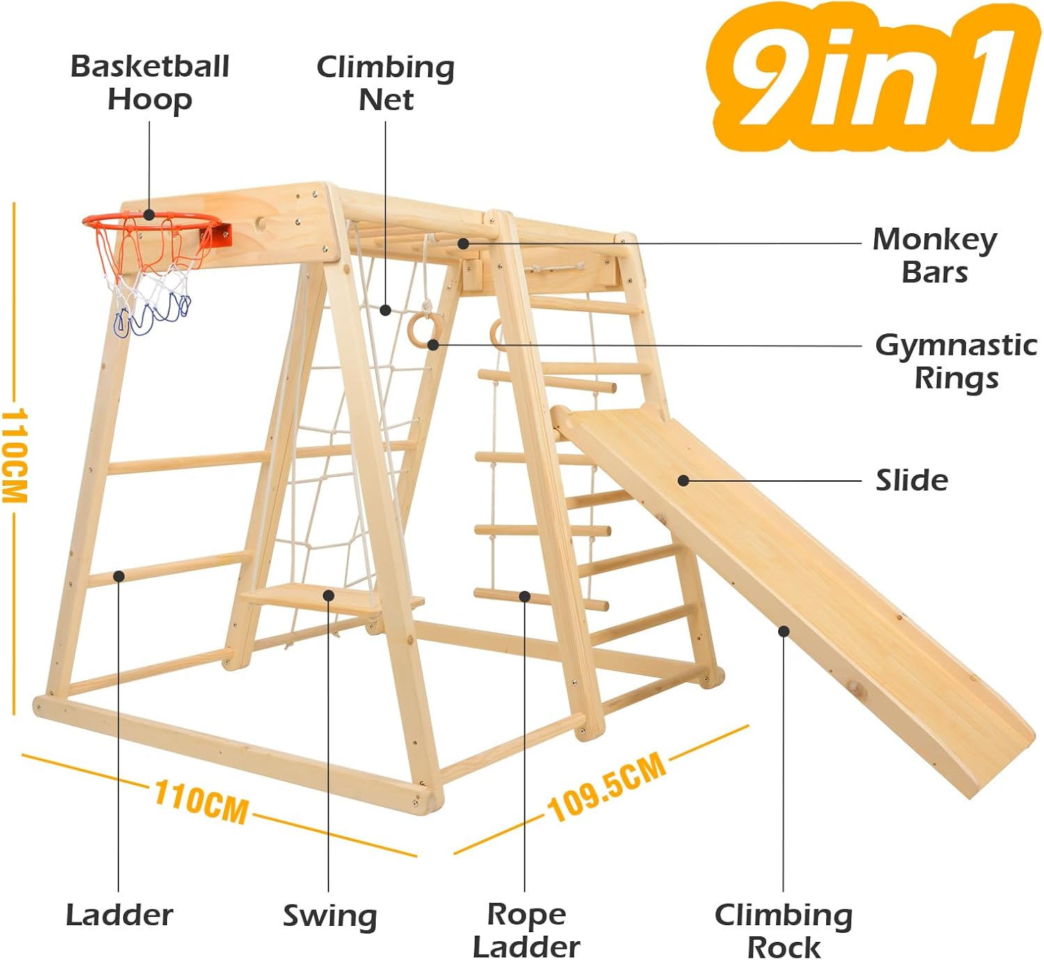 Indoor Playground,Toddler Montessori Wood Playset 9-in-1 with Slide, Basketball, Swing, Jungle Gym, Swedish Ladder, Monkey Bars, Rope Ladder