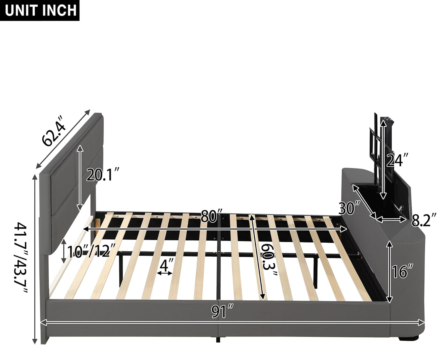 Queen Size Upholstered Platform Bed with Telescopic TV Stand, Modern Solid Wooden Bedframe with Adjustable Headboard & Support Legs