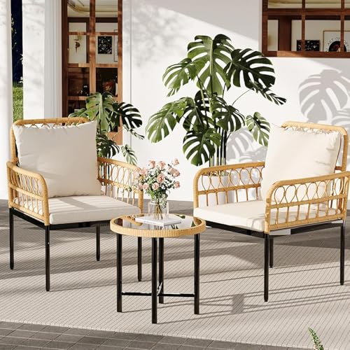 3 Piece Patio Bistro Set, Outdoor Wicker Table and Chairs Set of 2